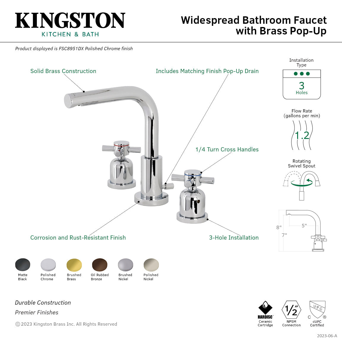 Concord FSC8955DX Two-Handle 3-Hole Deck Mount Widespread Bathroom Faucet with Pop-Up Drain, Oil Rubbed Bronze