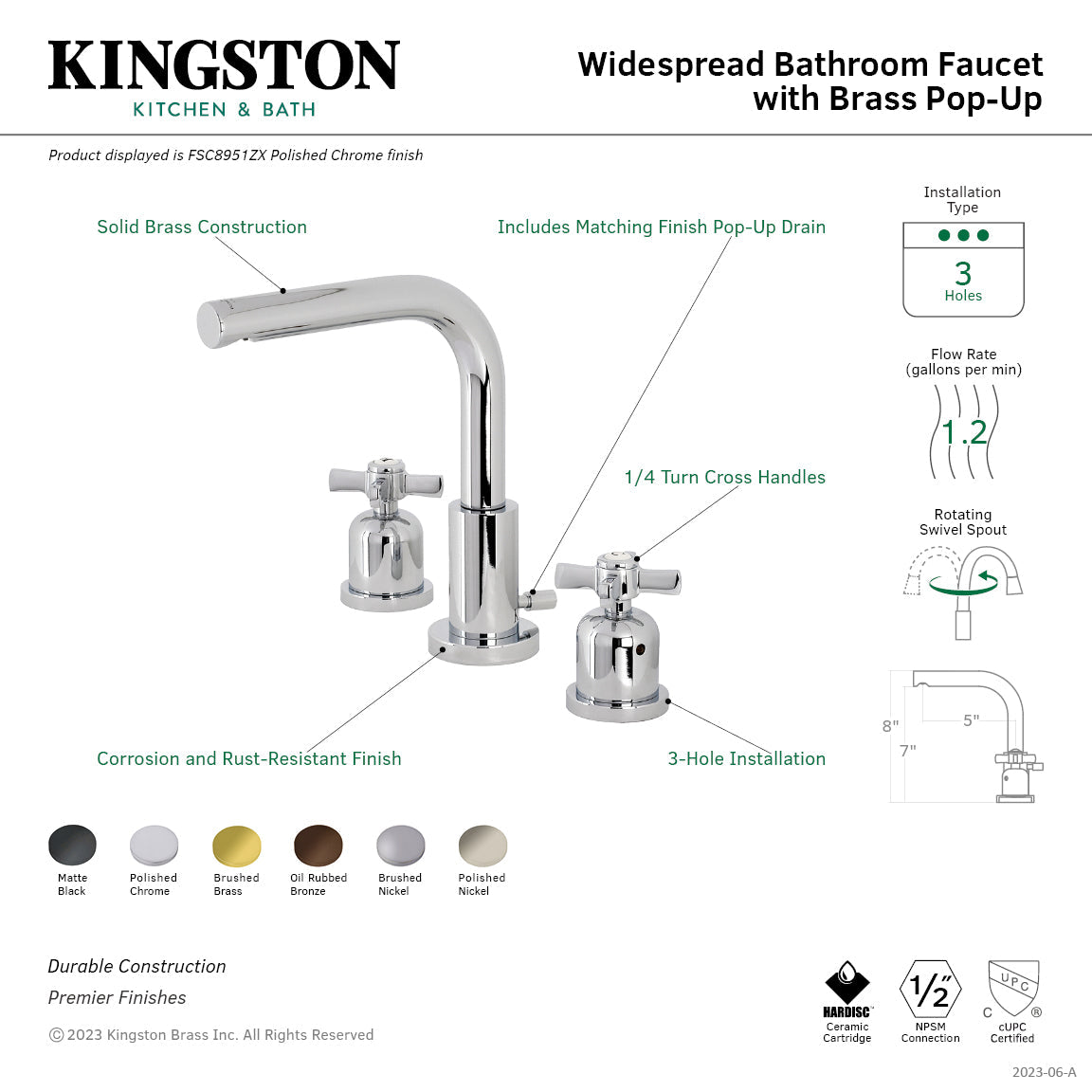 Millennium FSC8955ZX Two-Handle 3-Hole Deck Mount Widespread Bathroom Faucet with Pop-Up Drain, Oil Rubbed Bronze