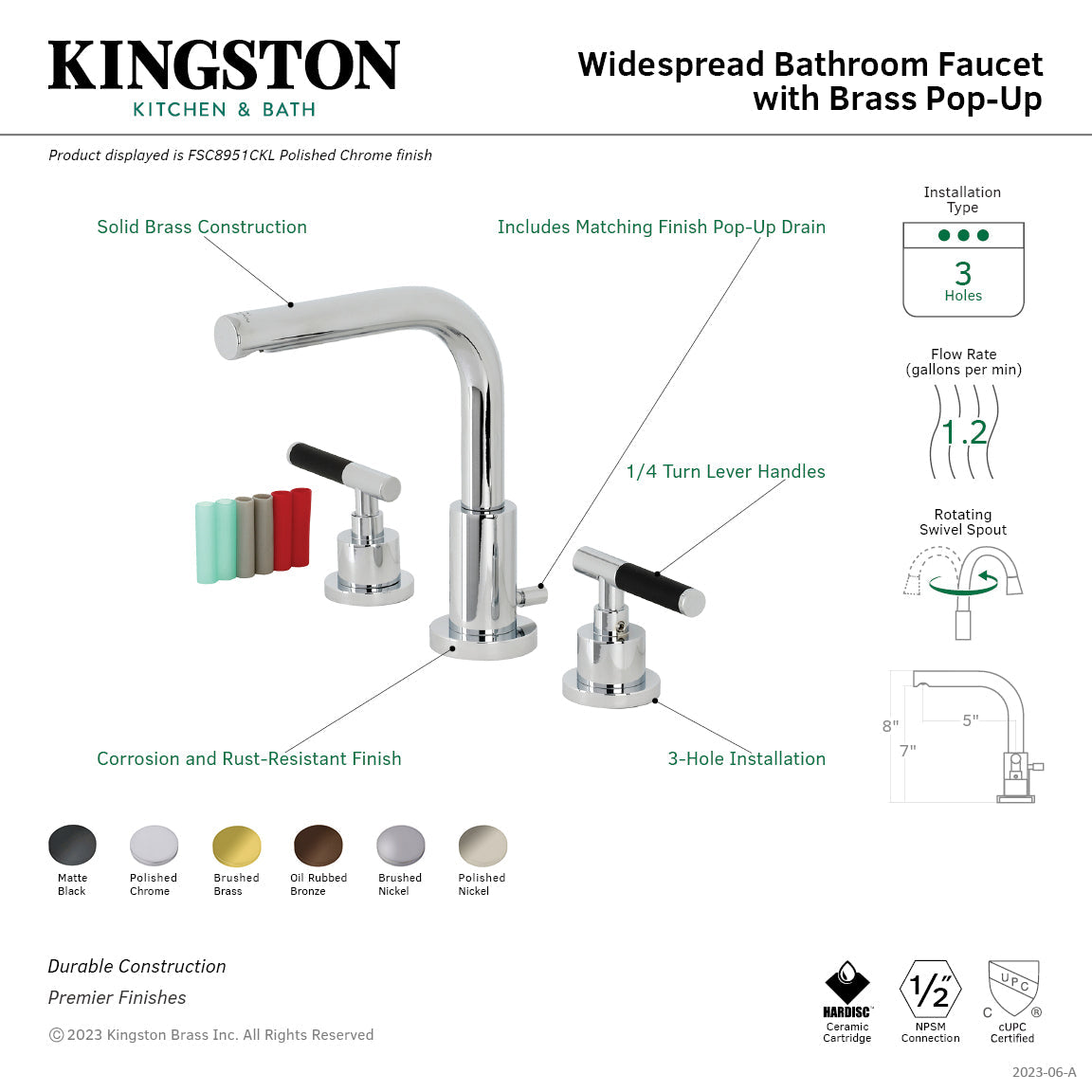 Kaiser FSC8958CKL Two-Handle 3-Hole Deck Mount Widespread Bathroom Faucet with Pop-Up Drain, Brushed Nickel