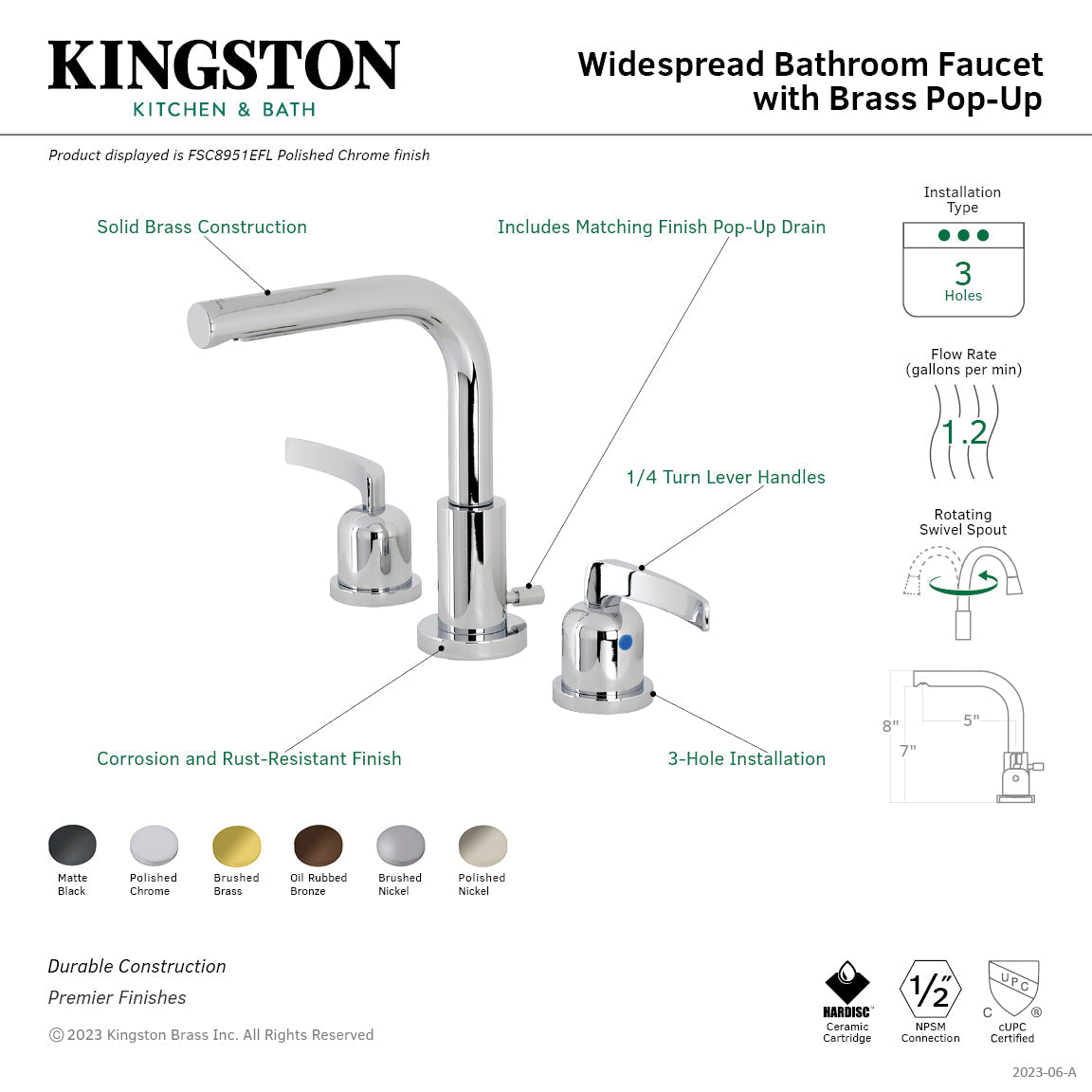 Centurion FSC8958EFL Two-Handle 3-Hole Deck Mount Widespread Bathroom Faucet with Pop-Up Drain, Brushed Nickel