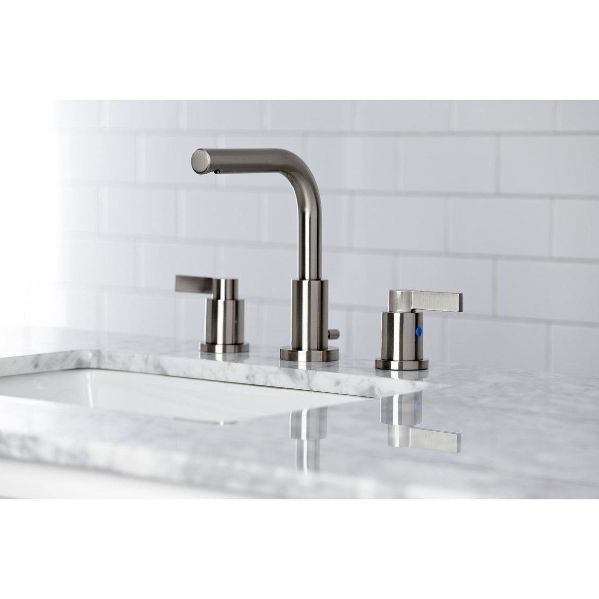 NuvoFusion FSC8958NDL Two-Handle 3-Hole Deck Mount Widespread Bathroom Faucet with Pop-Up Drain, Brushed Nickel