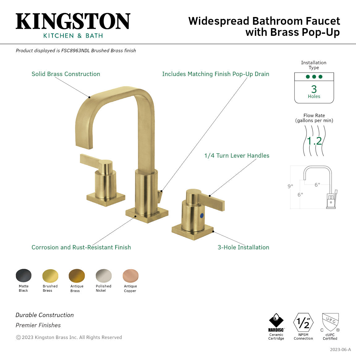 NuvoFusion FSC8960NDL Two-Handle 3-Hole Deck Mount Widespread Bathroom Faucet with Pop-Up Drain, Matte Black