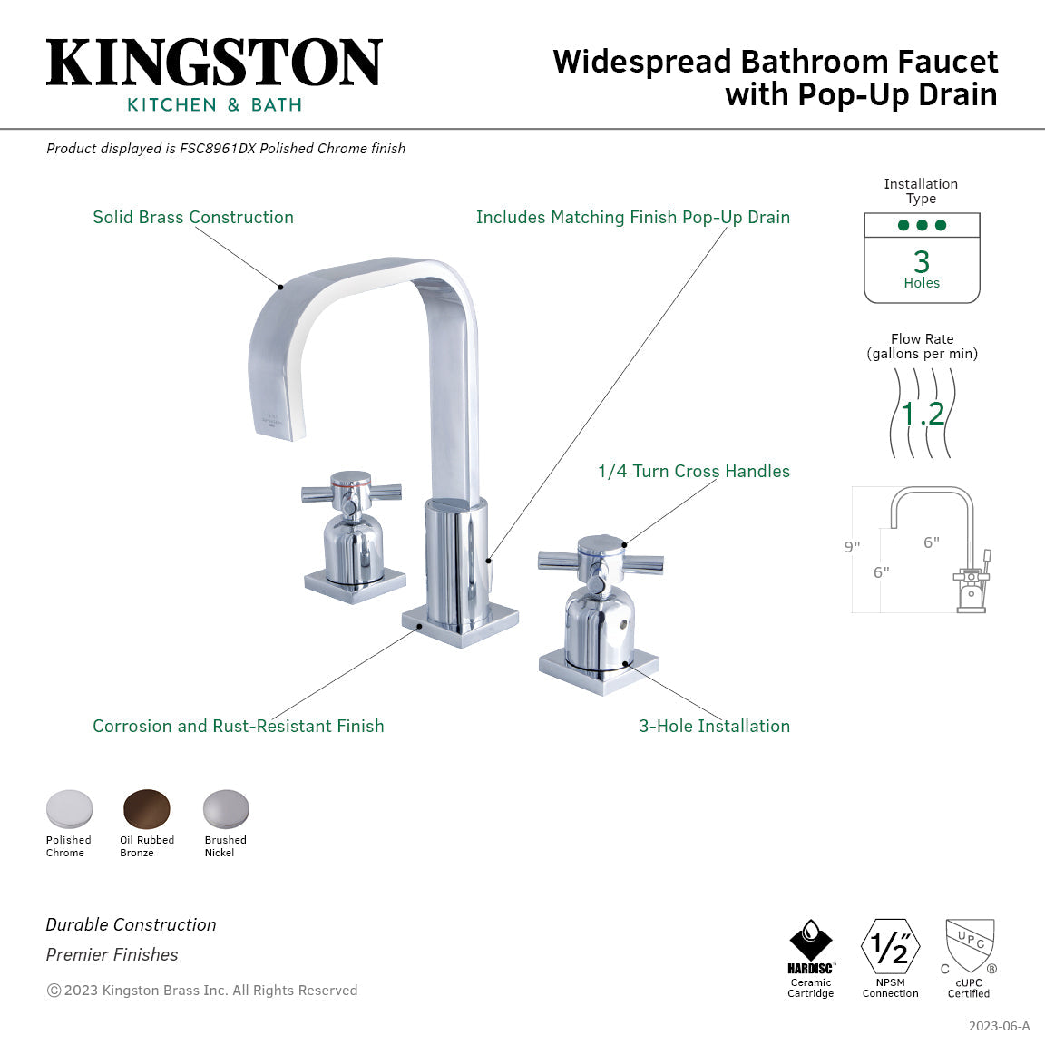 Concord FSC8961DX Two-Handle 3-Hole Deck Mount Widespread Bathroom Faucet with Pop-Up Drain, Polished Chrome