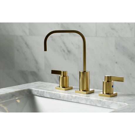 NuvoFusion FSC8963NDL Two-Handle 3-Hole Deck Mount Widespread Bathroom Faucet with Pop-Up Drain, Brushed Brass