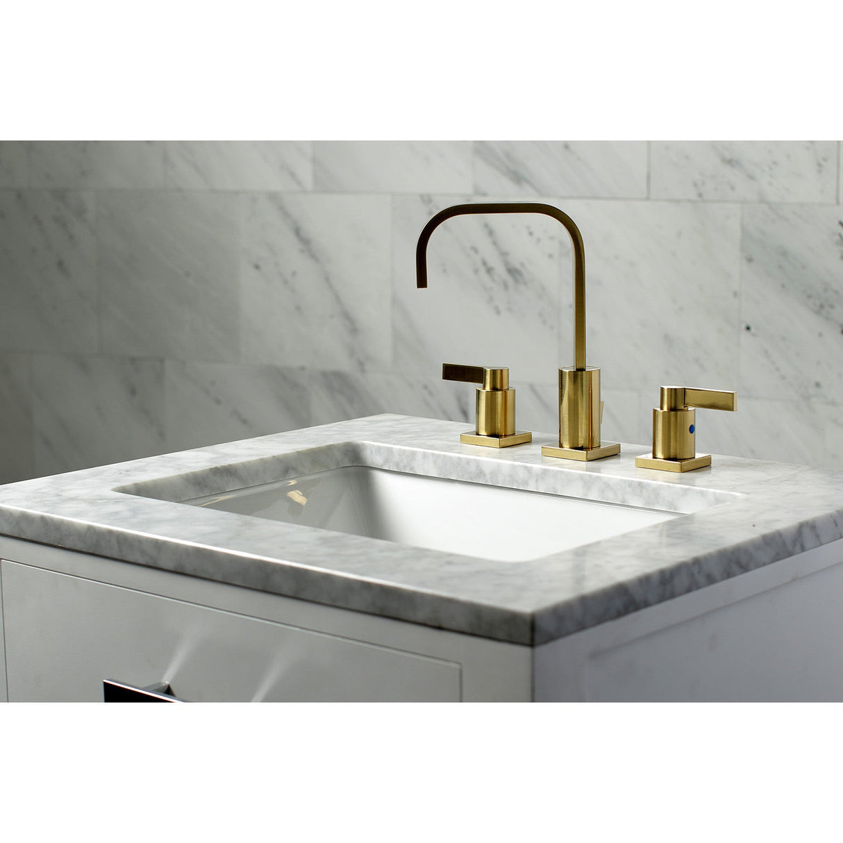 NuvoFusion FSC8963NDL Two-Handle 3-Hole Deck Mount Widespread Bathroom Faucet with Pop-Up Drain, Brushed Brass