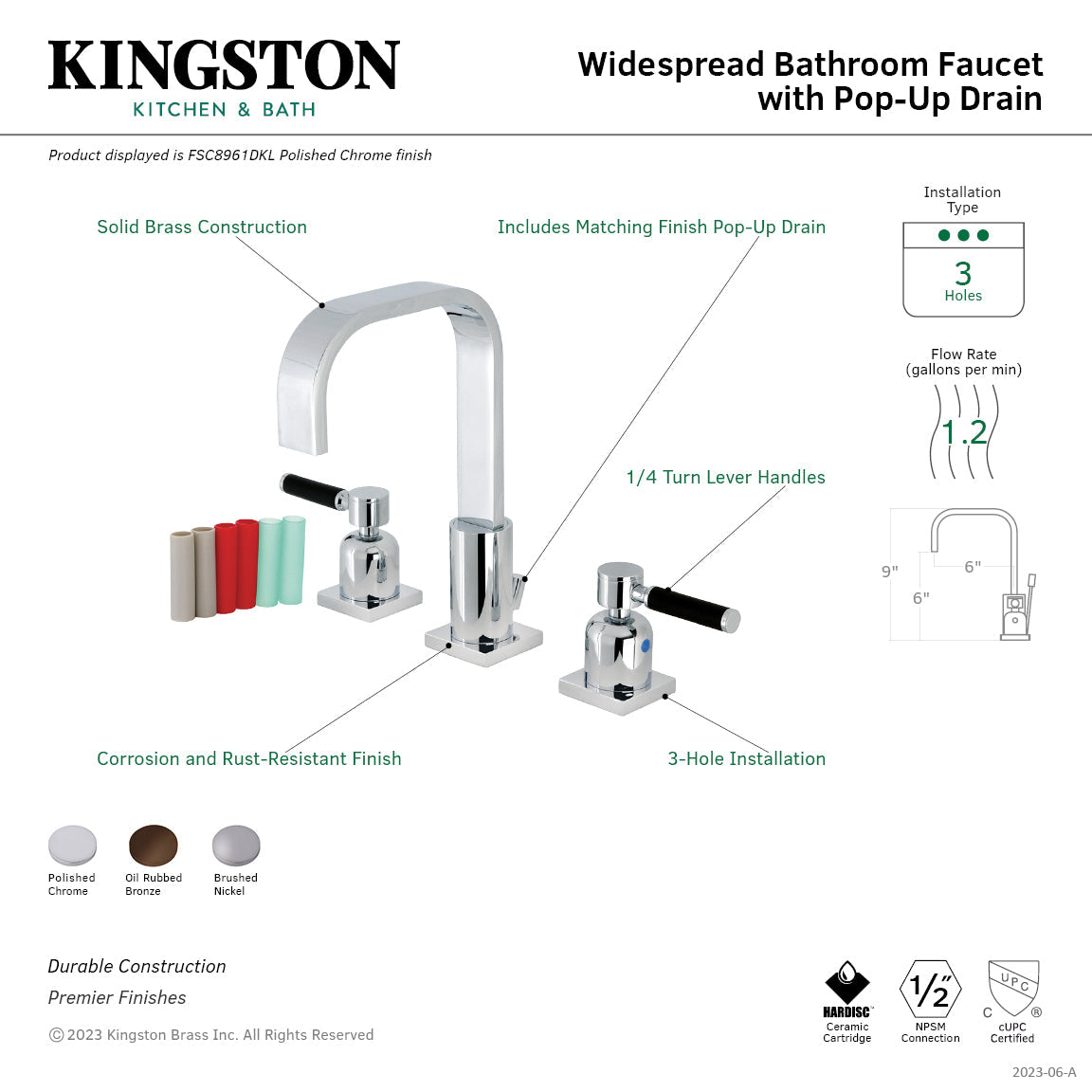 Kaiser FSC8965DKL Two-Handle 3-Hole Deck Mount Widespread Bathroom Faucet with Pop-Up Drain, Oil Rubbed Bronze