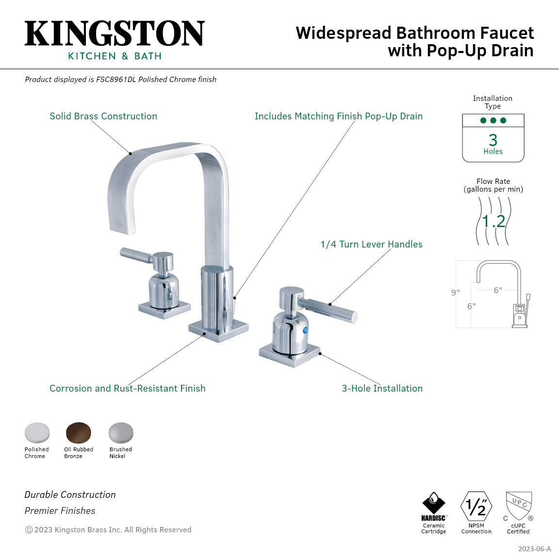 Concord FSC8965DL Two-Handle 3-Hole Deck Mount Widespread Bathroom Faucet with Pop-Up Drain, Oil Rubbed Bronze