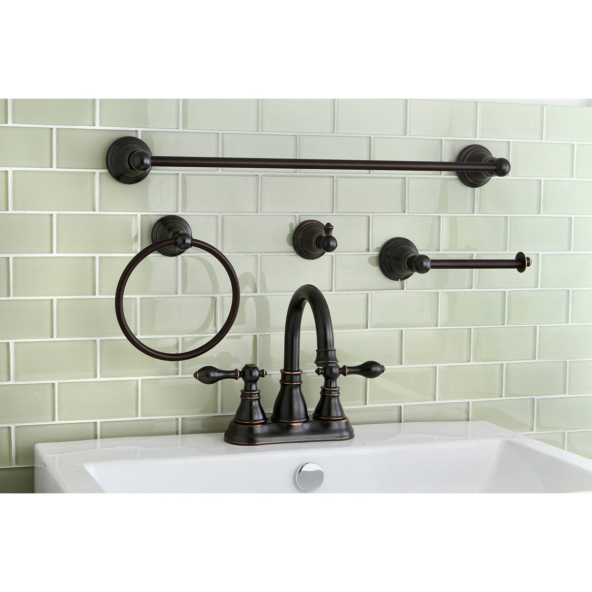 American Classic FSK1616ACL Two-Handle 2-Hole Deck Mount 4" Centerset Bathroom Faucet with 4-Piece Bathroom Accessories, Naples Bronze