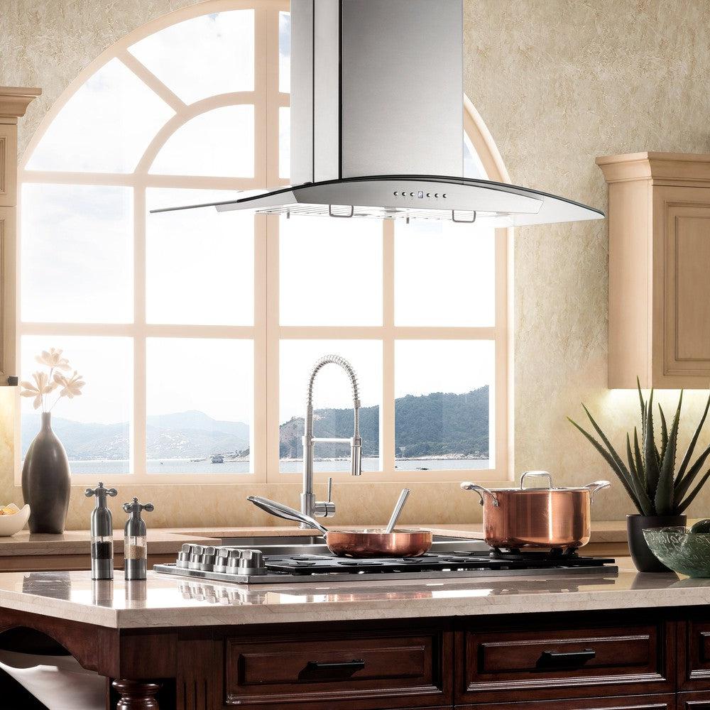 ZLINE Convertible Vent Island Mount Range Hood in Stainless Steel and Glass (GL14i)
