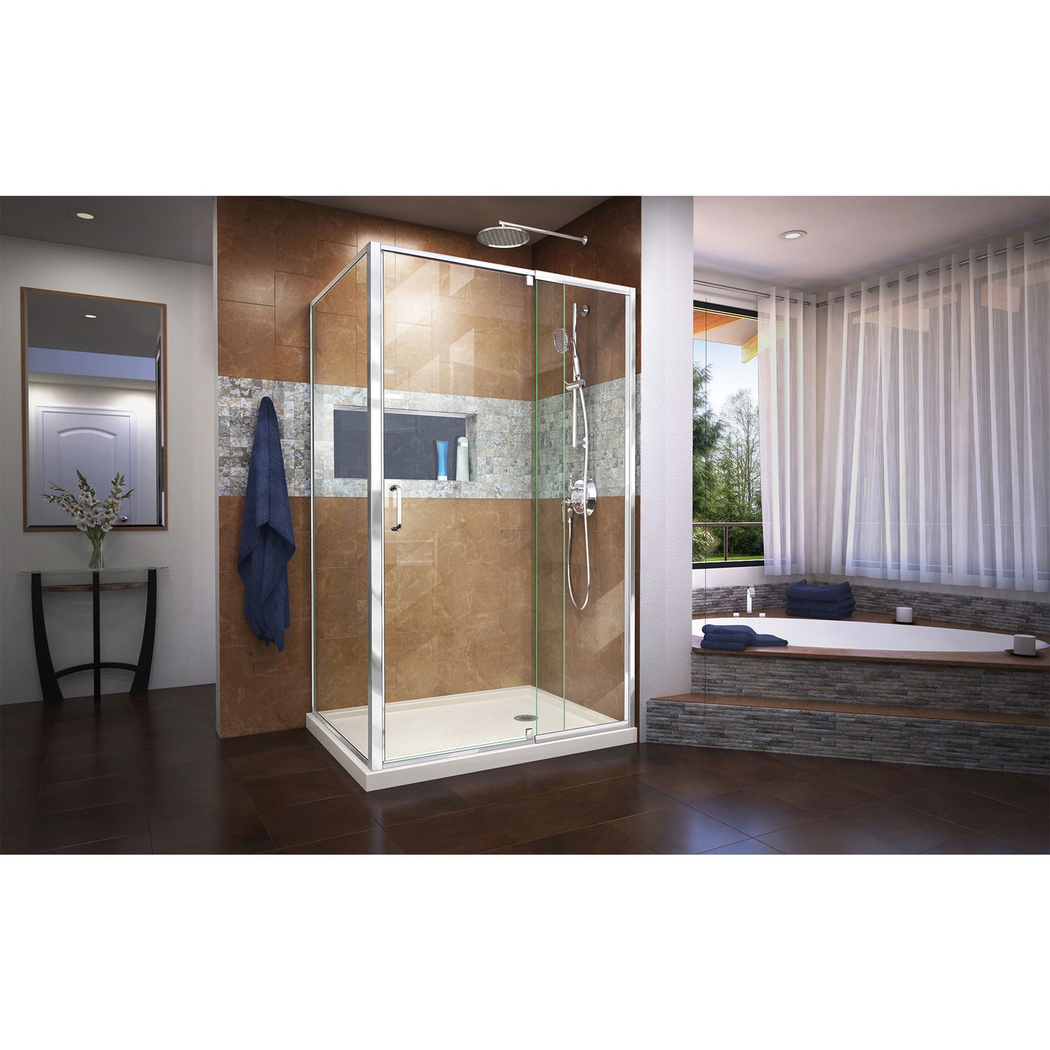 DreamLine Flex 36 in. D x 48 in. W x 74 3/4 in. H Semi-Frameless Pivot Shower Enclosure in Chrome and Right Drain Biscuit Base Kit