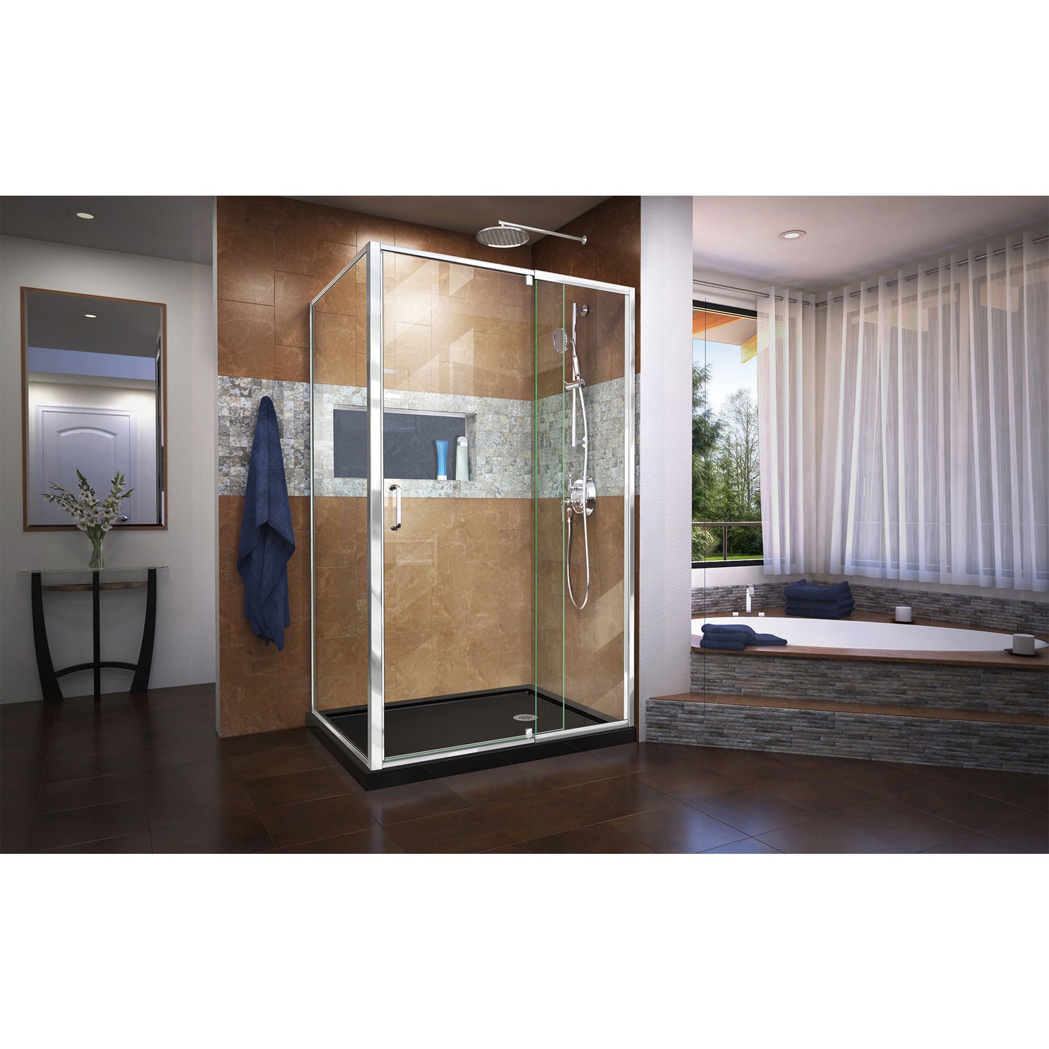 DreamLine Flex 36 in. D x 48 in. W x 74 3/4 in. H Semi-Frameless Pivot Shower Enclosure in Chrome with Right Drain Black Base Kit