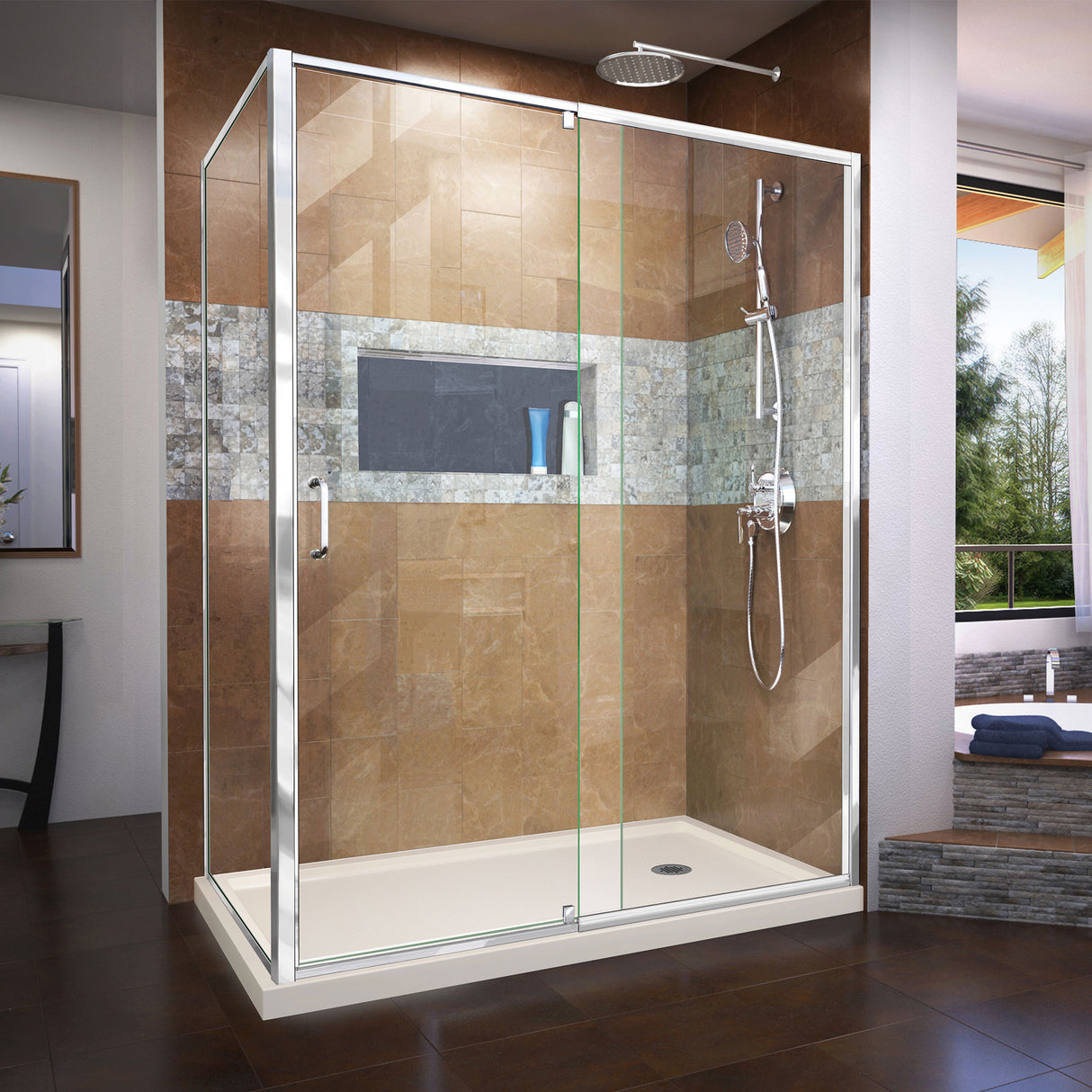 DreamLine Flex 36 in. D x 60 in. W x 74 3/4 in. H Semi-Frameless Pivot Shower Enclosure in Chrome and Right Drain Biscuit Base Kit
