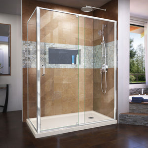 DreamLine Flex 36 in. D x 60 in. W x 74 3/4 in. H Semi-Frameless Pivot Shower Enclosure in Chrome and Right Drain Biscuit Base Kit