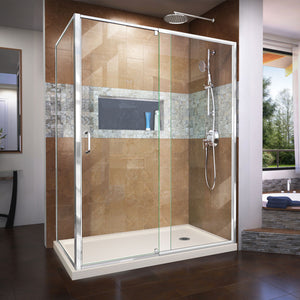 DreamLine Flex 36 in. D x 60 in. W x 74 3/4 in. H Semi-Frameless Pivot Shower Enclosure in Chrome and Right Drain Biscuit Base Kit