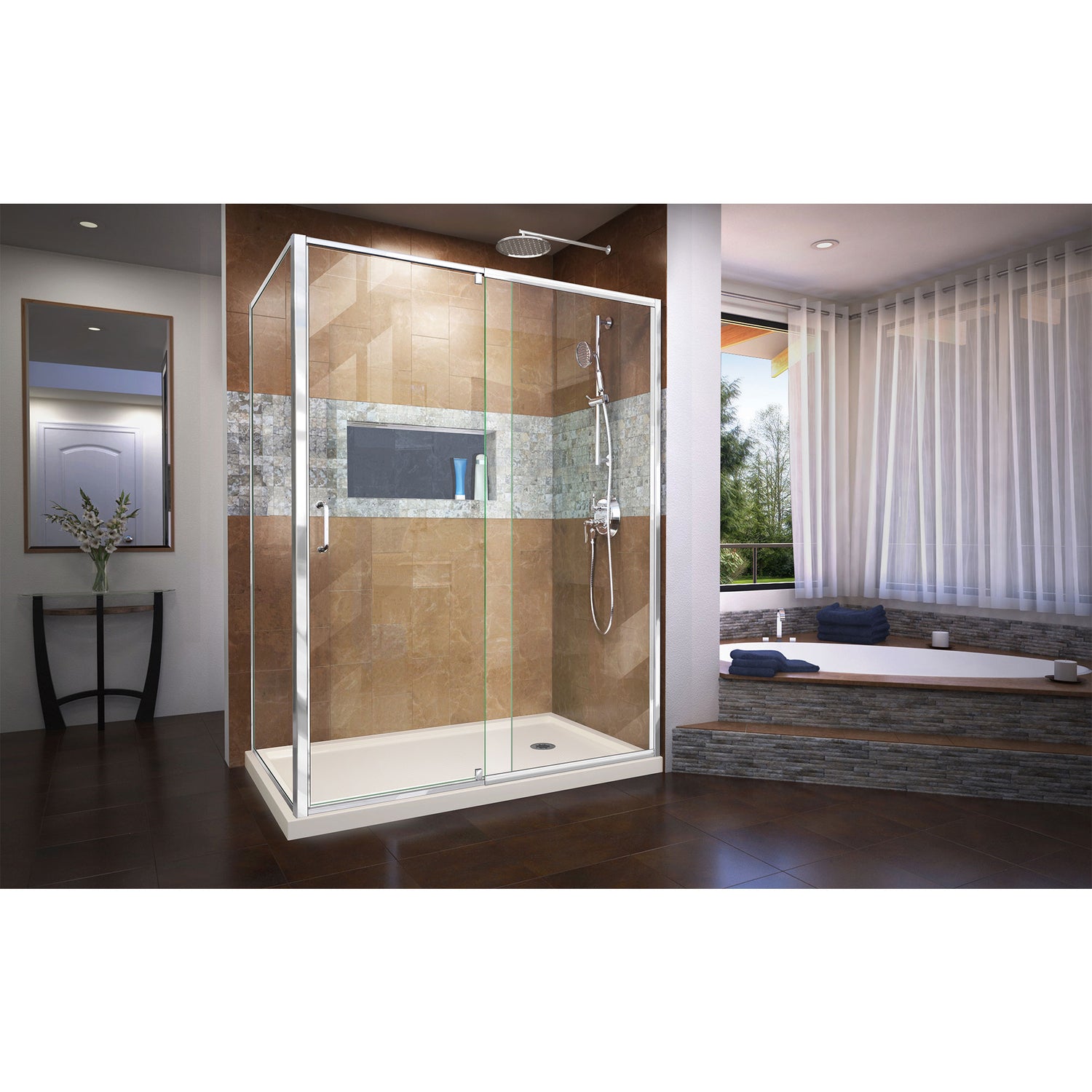 DreamLine Flex 36 in. D x 60 in. W x 74 3/4 in. H Semi-Frameless Pivot Shower Enclosure in Chrome and Right Drain Biscuit Base Kit