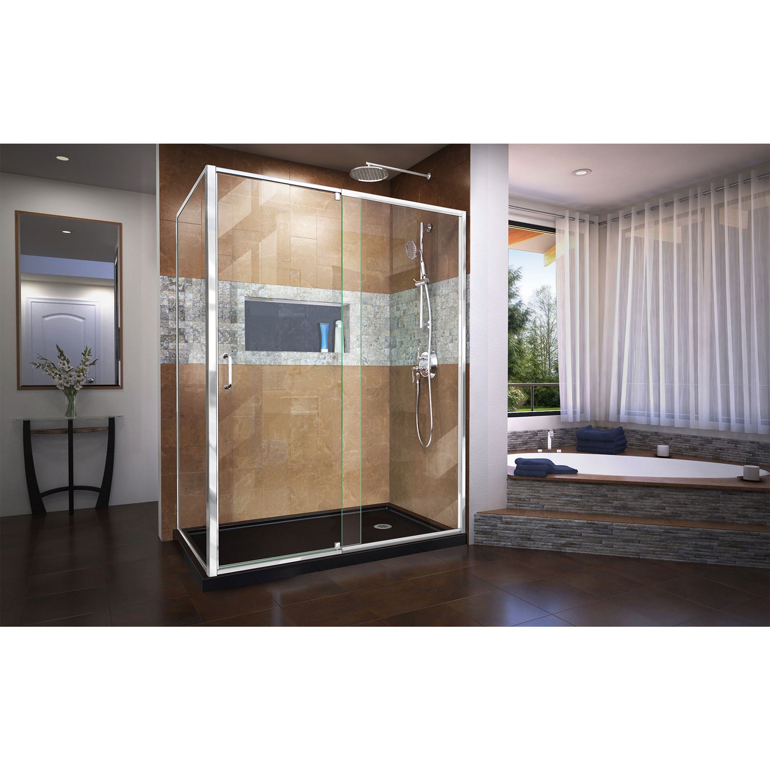 DreamLine Flex 36 in. D x 60 in. W x 74 3/4 in. H Semi-Frameless Pivot Shower Enclosure in Chrome with Right Drain Black Base Kit