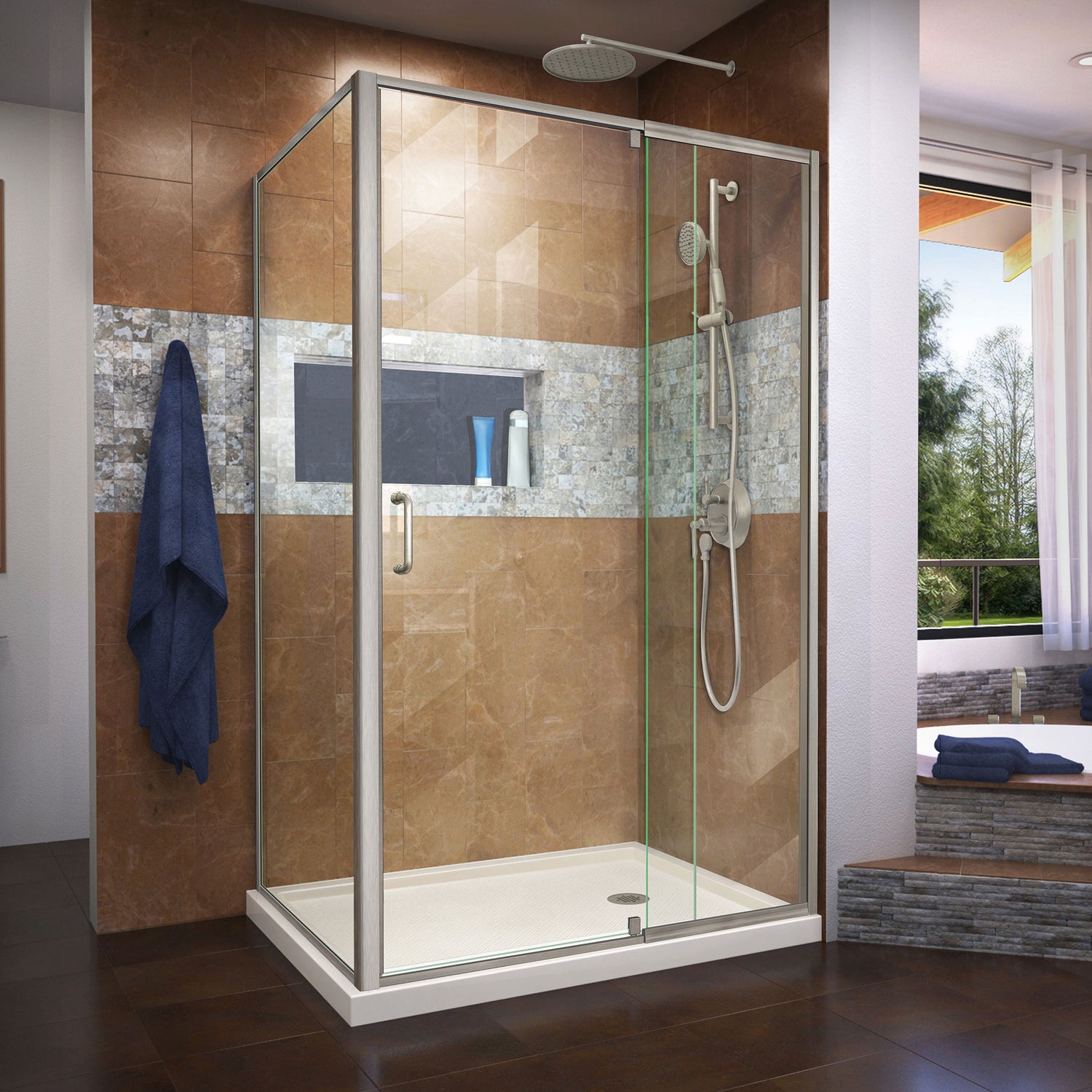 DreamLine Flex 36 in. D x 48 in. W x 74 3/4 in. H Semi-Frameless Shower Enclosure in Brushed Nickel with Right Drain Biscuit Base