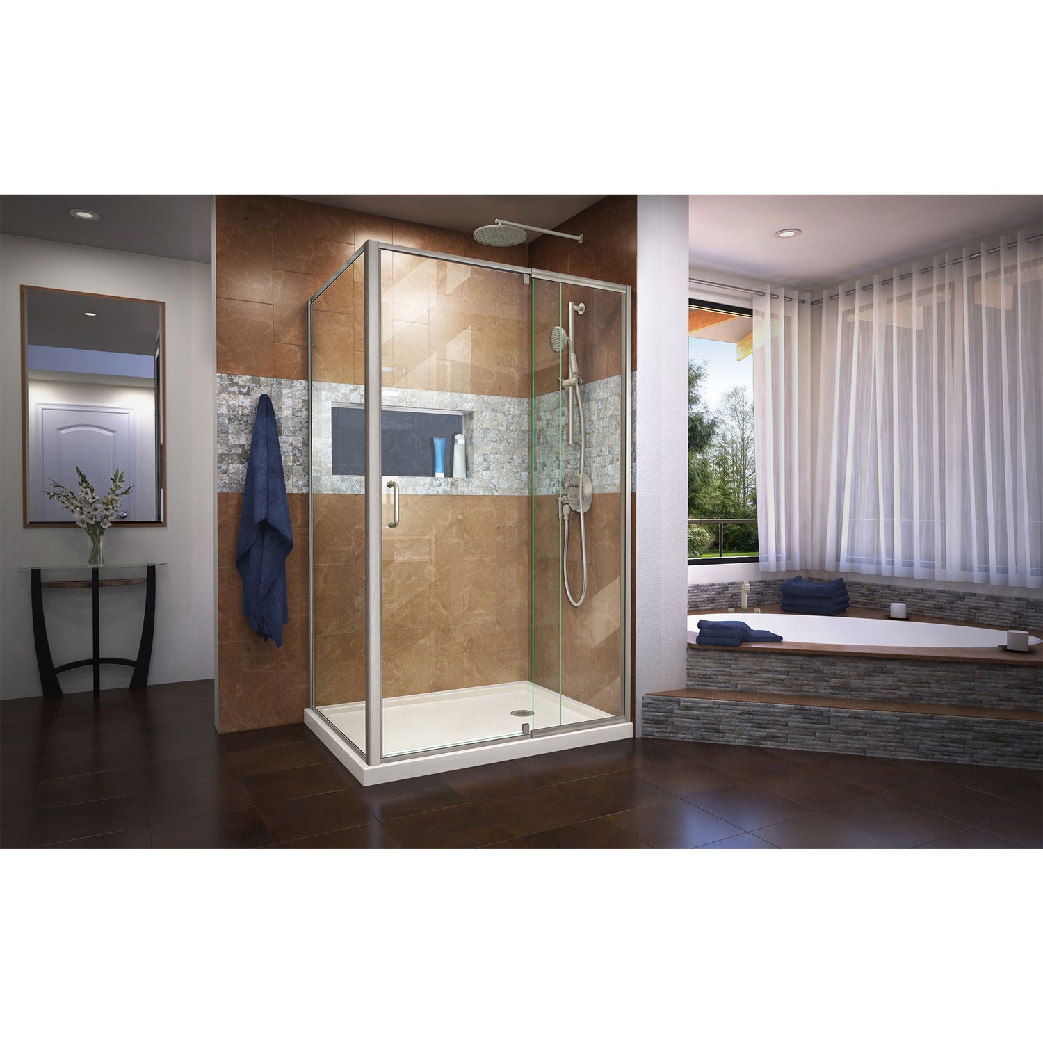 DreamLine Flex 36 in. D x 48 in. W x 74 3/4 in. H Semi-Frameless Shower Enclosure in Brushed Nickel with Right Drain Biscuit Base