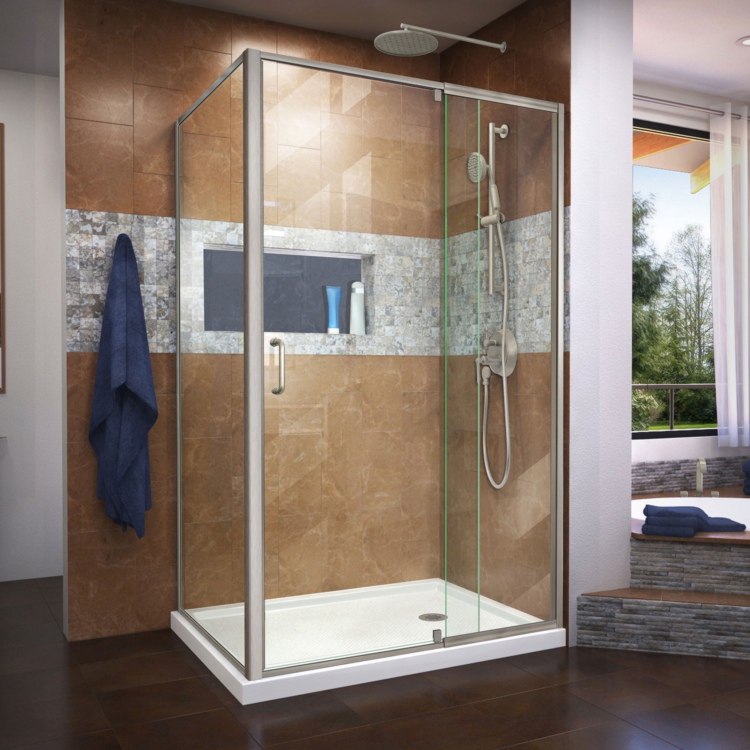 DreamLine Flex 34 1/2 in. D x 44-48 in. W x 72 in H Semi-Frameless Pivot Shower Enclosure in Brushed Nickel