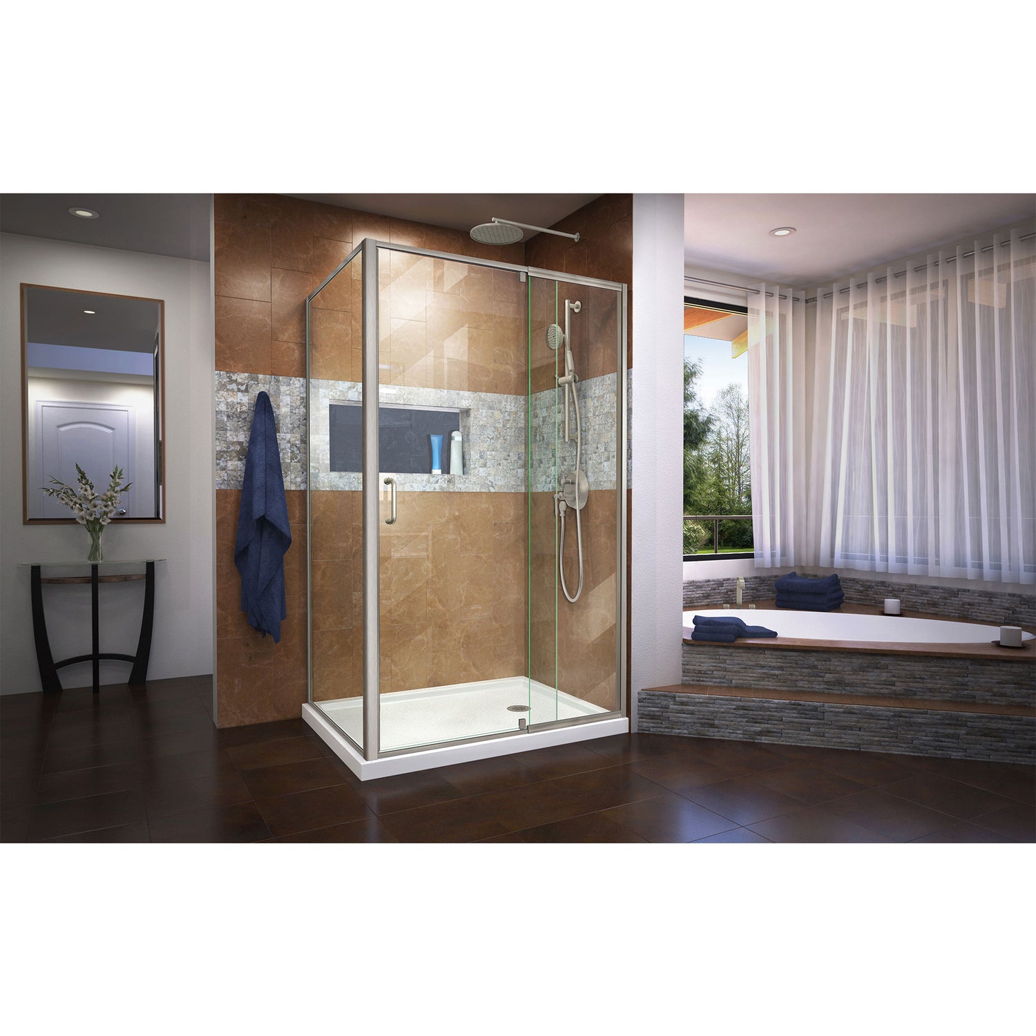 DreamLine Flex 34 1/2 in. D x 44-48 in. W x 72 in H Semi-Frameless Pivot Shower Enclosure in Brushed Nickel