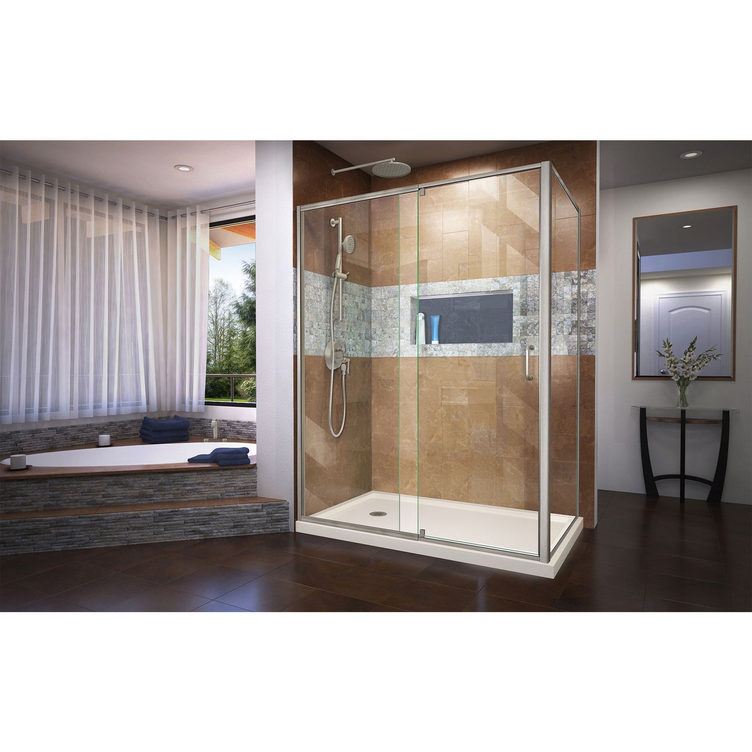 DreamLine Flex 36 in. D x 60 in. W x 74 3/4 in. H Semi-Frameless Shower Enclosure in Brushed Nickel with Left Drain Biscuit Base
