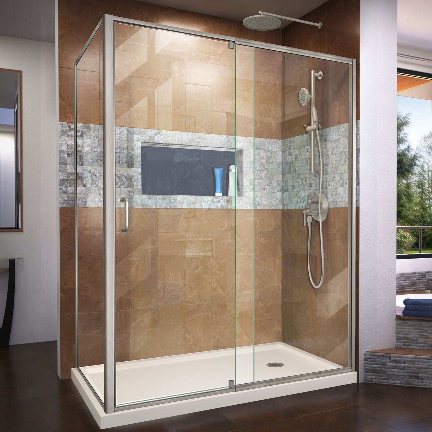 DreamLine Flex 36 in. D x 60 in. W x 74 3/4 in. H Semi-Frameless Shower Enclosure in Brushed Nickel with Right Drain Biscuit Base