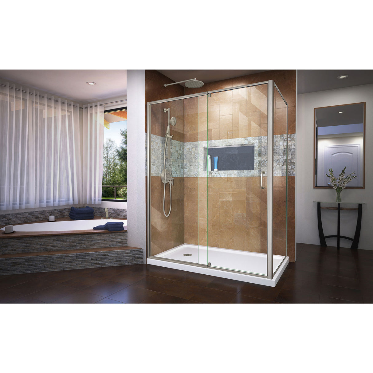 DreamLine Flex 36 in. D x 60 in. W x 74 3/4 in. H Semi-Frameless Shower Enclosure in Brushed Nickel with Left Drain White Base Kit