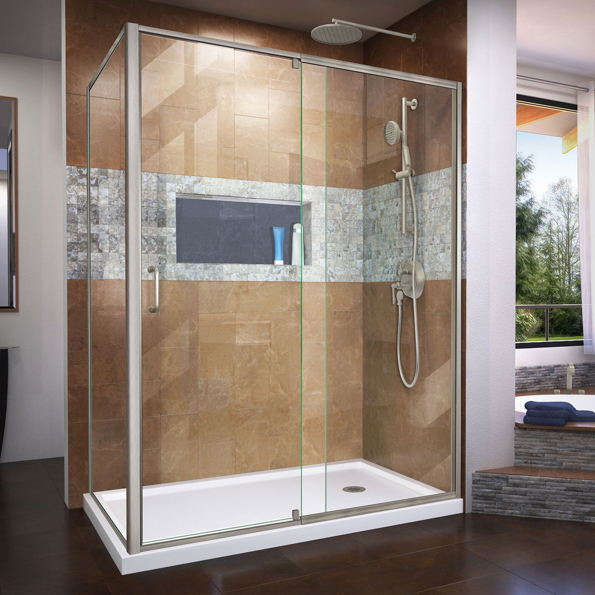DreamLine Flex 34 1/2 in. D x 50-54 in. W x 72 in. H Semi-Frameless Pivot Shower Enclosure in Brushed Nickel