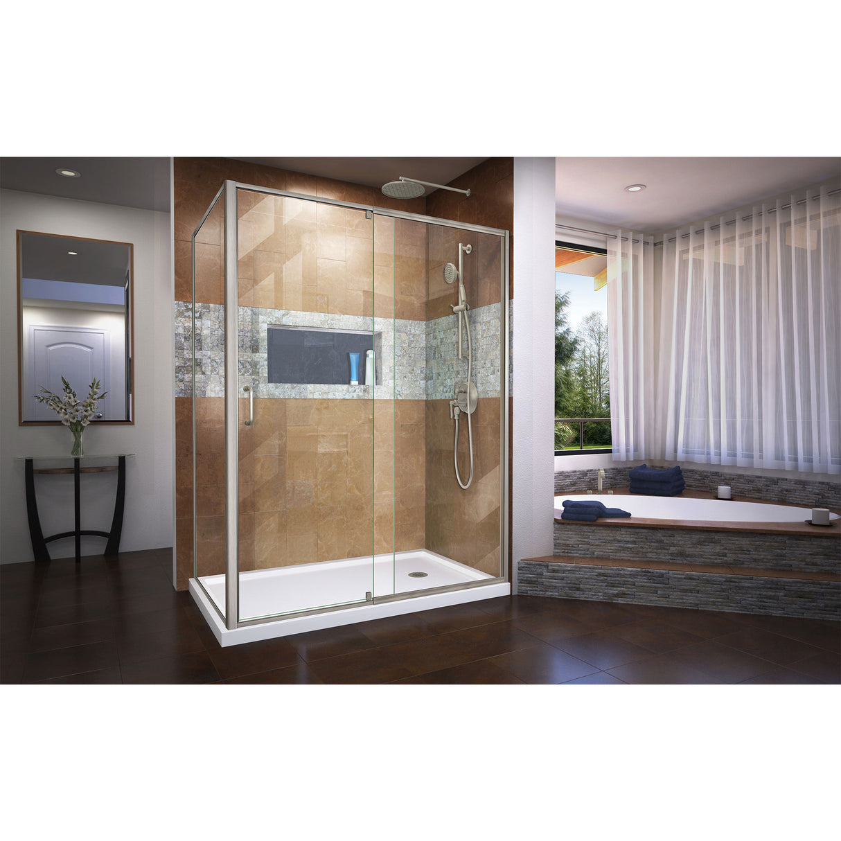 DreamLine Flex 34 1/2 in. D x 50-54 in. W x 72 in. H Semi-Frameless Pivot Shower Enclosure in Brushed Nickel