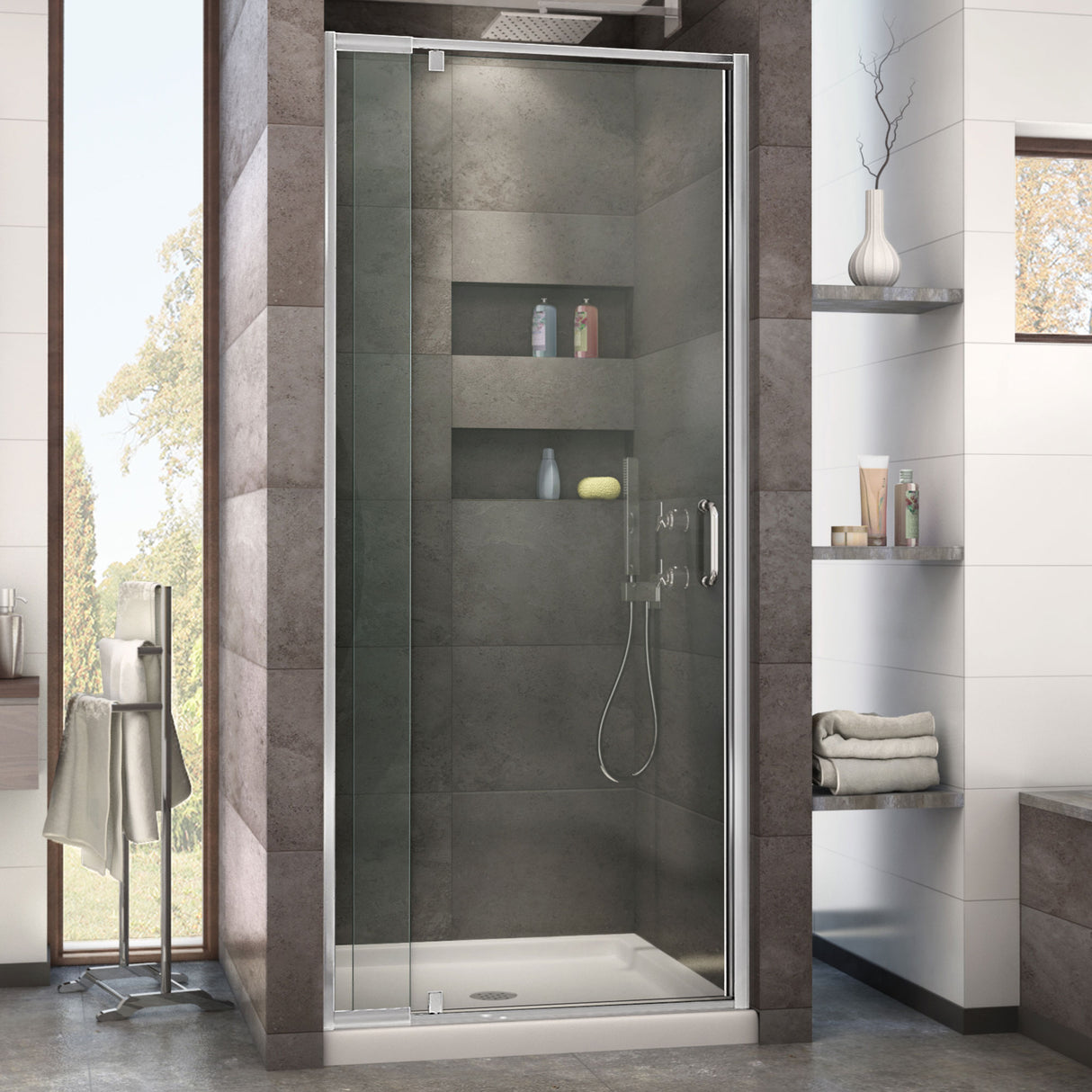 DreamLine Flex 32 in. D x 32 in. W x 74 3/4 in. H Semi-Frameless Pivot Shower Door in Chrome with Center Drain Biscuit Base