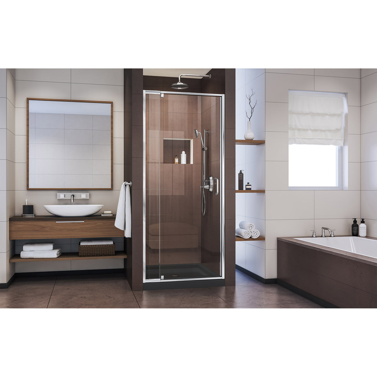 DreamLine Flex 36 in. D x 36 in. W x 74 3/4 in. H Semi-Frameless Pivot Shower Door in Chrome with Center Drain Black Base