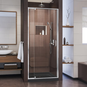 DreamLine Flex 32 in. D x 32 in. W x 74 3/4 in. H Semi-Frameless Pivot Shower Door in Chrome with Center Drain Black Base