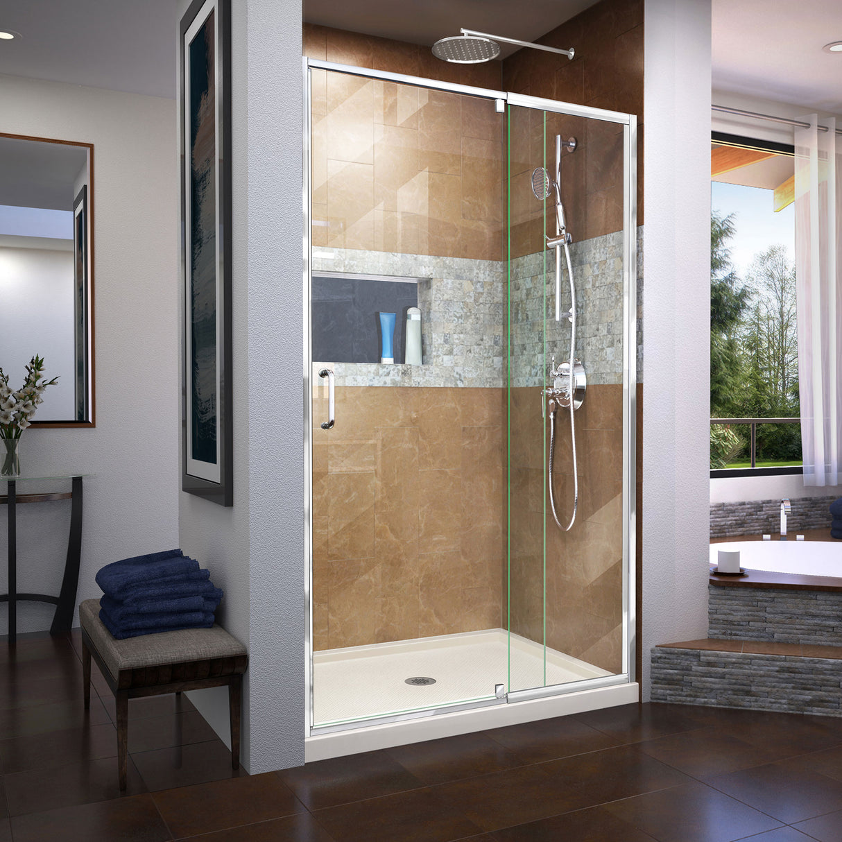 DreamLine Flex 36 in. D x 48 in. W x 74 3/4 in. H Semi-Frameless Pivot Shower Door in Chrome with Center Drain Biscuit Base Kit