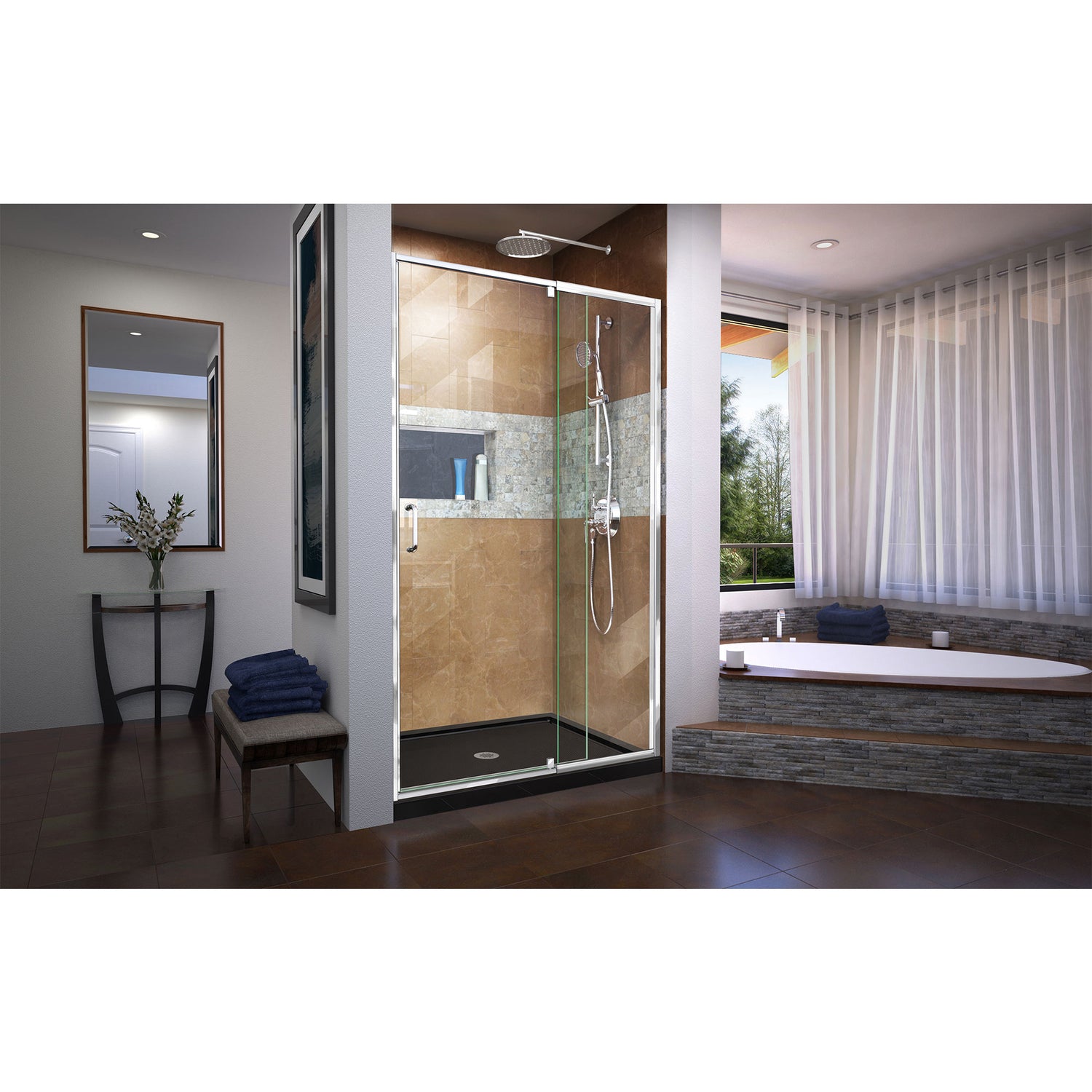 DreamLine Flex 36 in. D x 48 in. W x 74 3/4 in. H Semi-Frameless Pivot Shower Door in Chrome with Center Drain Black Base Kit