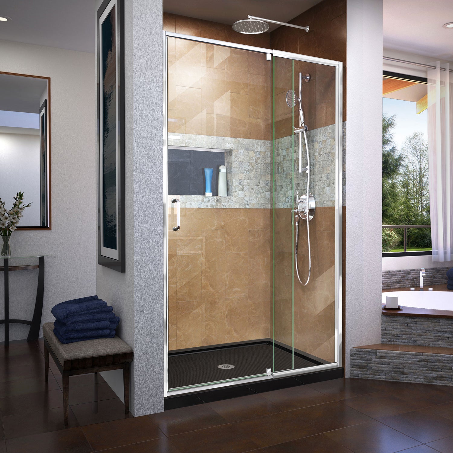 DreamLine Flex 34 in. D x 42 in. W x 74 3/4 in. H Semi-Frameless Pivot Shower Door in Chrome with Center Drain Black Base Kit