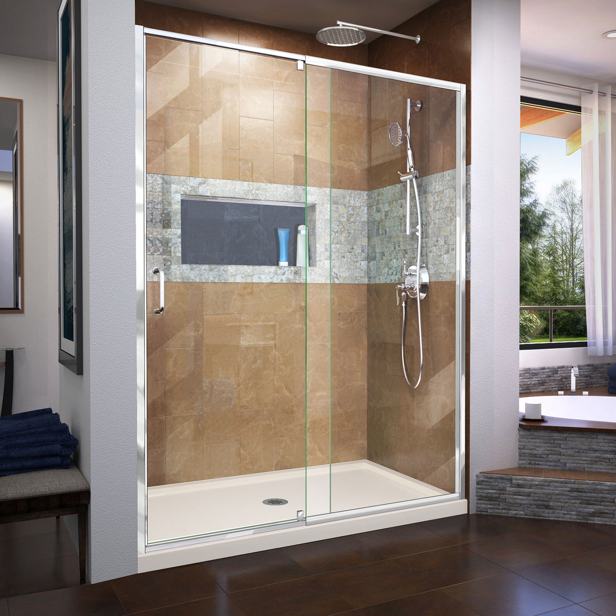 DreamLine Flex 30 in. D x 60 in. W x 74 3/4 in. H Semi-Frameless Pivot Shower Door in Chrome with Center Drain Biscuit Base Kit