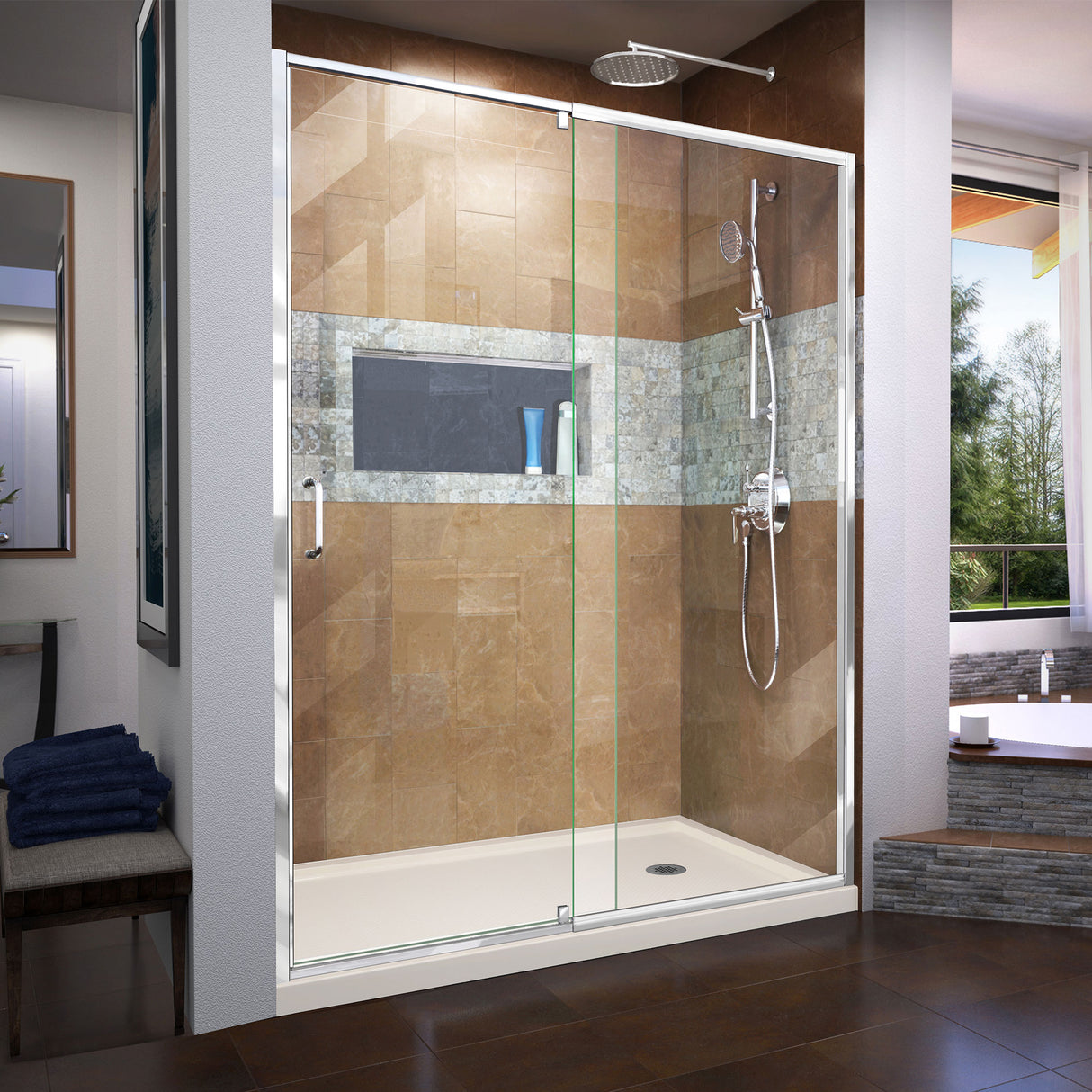 DreamLine Flex 32 in. D x 60 in. W x 74 3/4 in. H Semi-Frameless Pivot Shower Door in Chrome with Right Drain Biscuit Base Kit