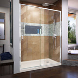 DreamLine Flex 32 in. D x 60 in. W x 74 3/4 in. H Semi-Frameless Pivot Shower Door in Chrome with Right Drain Biscuit Base Kit