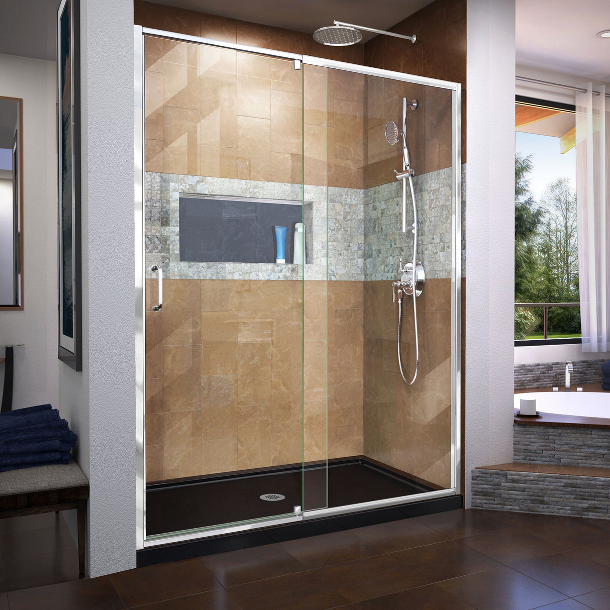DreamLine Flex 32 in. D x 60 in. W x 74 3/4 in. H Semi-Frameless Pivot Shower Door in Chrome with Center Drain Black Base Kit