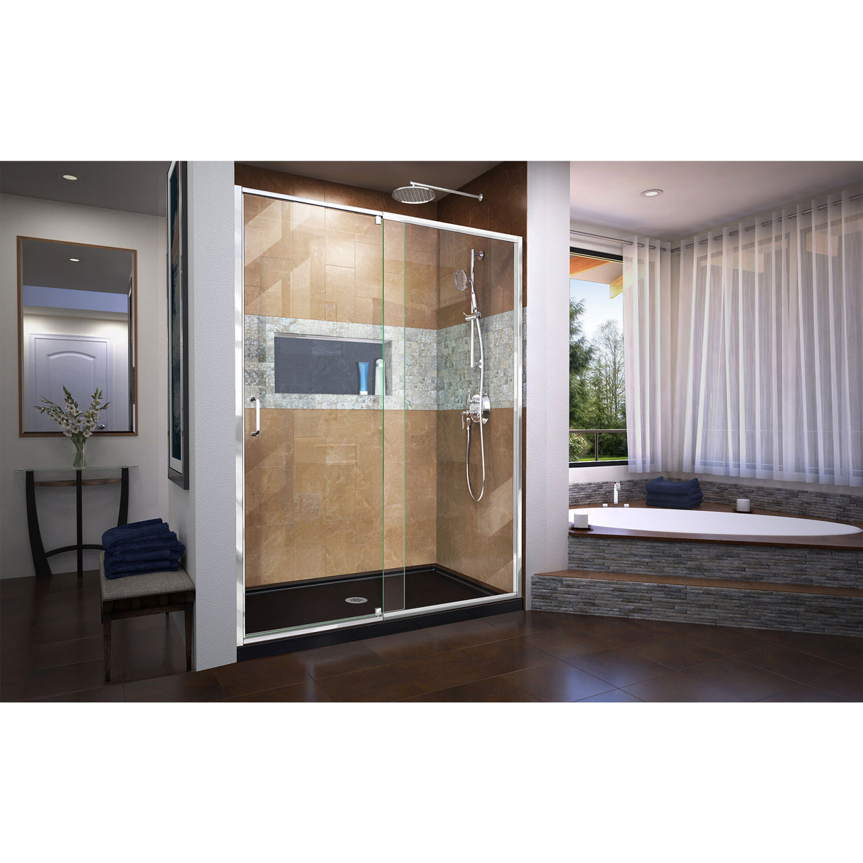 DreamLine Flex 34 in. D x 60 in. W x 74 3/4 in. H Semi-Frameless Pivot Shower Door in Chrome with Center Drain Black Base Kit