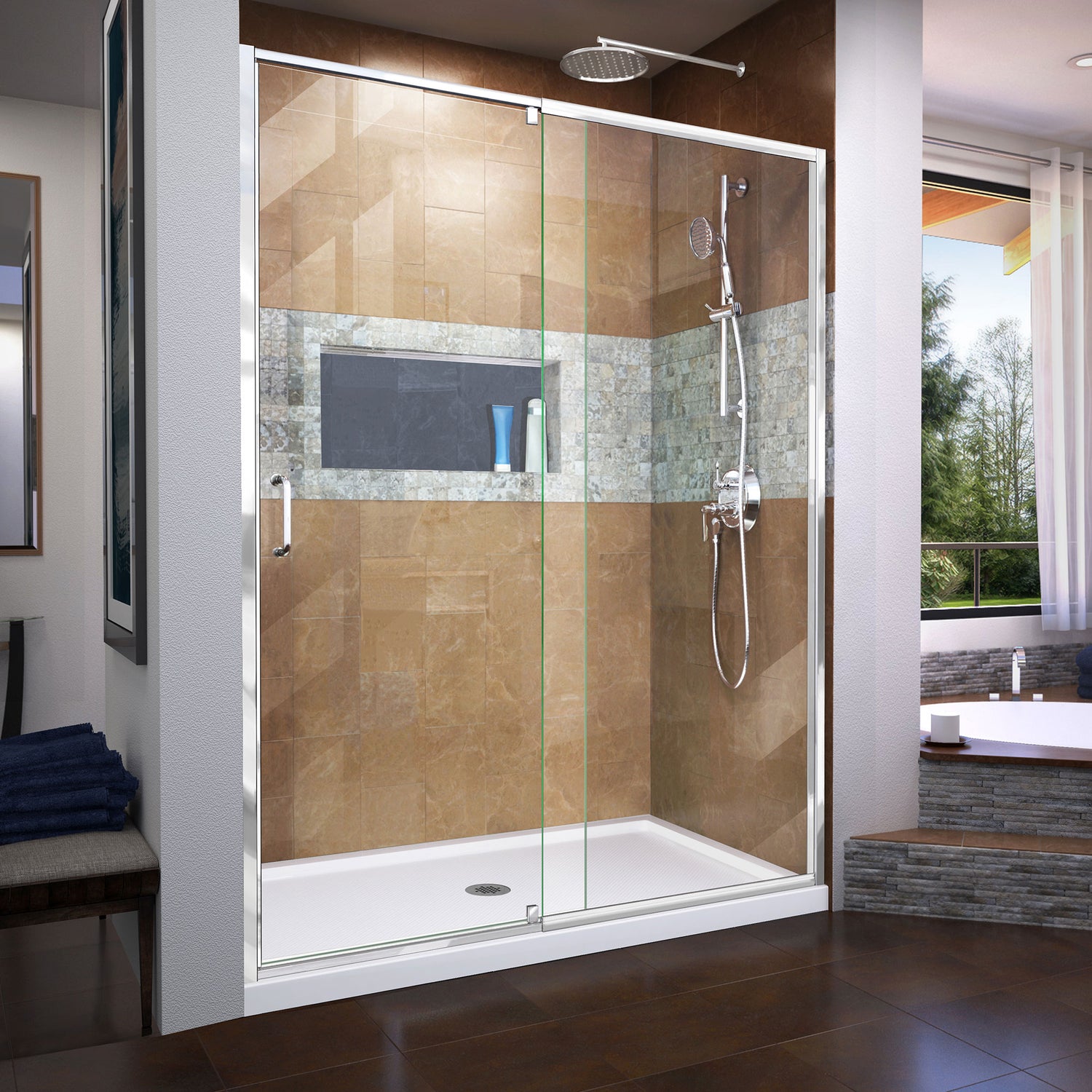 DreamLine Flex 36 in. D x 60 in. W x 74 3/4 in. H Semi-Frameless Pivot Shower Door in Chrome with Center Drain White Base Kit