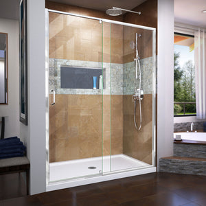 DreamLine Flex 32 in. D x 60 in. W x 74 3/4 in. H Semi-Frameless Pivot Shower Door in Chrome with Center Drain White Base Kit