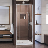 DreamLine Flex 32 in. D x 32 in. W x 74 3/4 in. H Semi-Frameless Pivot Shower Door in Chrome with Center Drain White Base