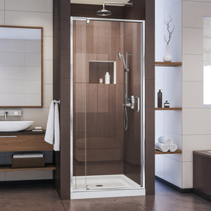 DreamLine Flex 32 in. D x 32 in. W x 74 3/4 in. H Semi-Frameless Pivot Shower Door in Chrome with Center Drain White Base