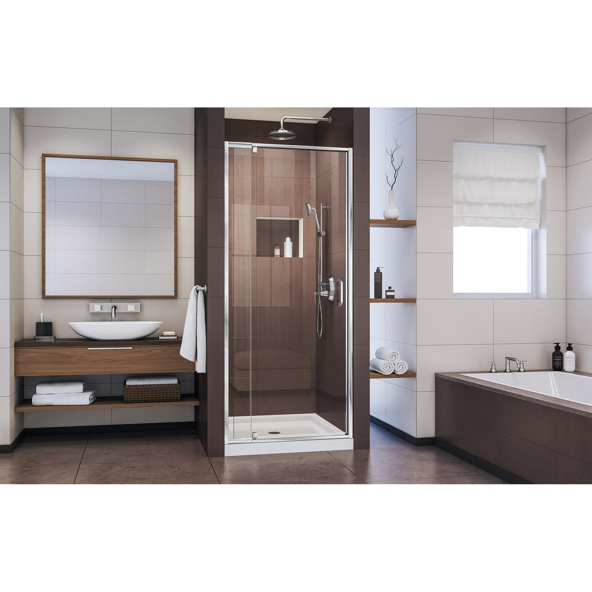 DreamLine Flex 36 in. D x 36 in. W x 74 3/4 in. H Semi-Frameless Pivot Shower Door in Chrome with Center Drain White Base