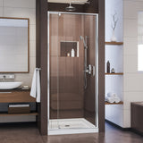 DreamLine Flex 36 in. D x 36 in. W x 74 3/4 in. H Semi-Frameless Pivot Shower Door in Chrome with Center Drain White Base