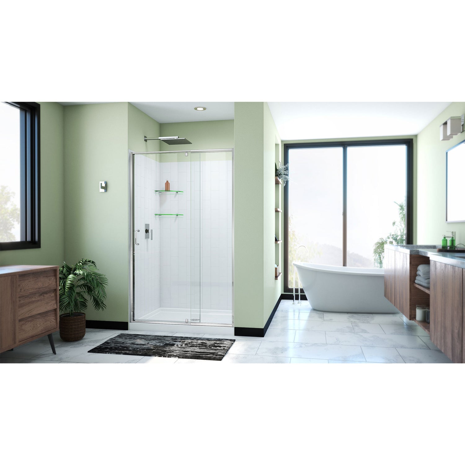 DreamLine Flex 36 in. D x 48 in. W x 78 3/4 in. H Pivot Shower Door, Base, and White Wall Kit in Chrome