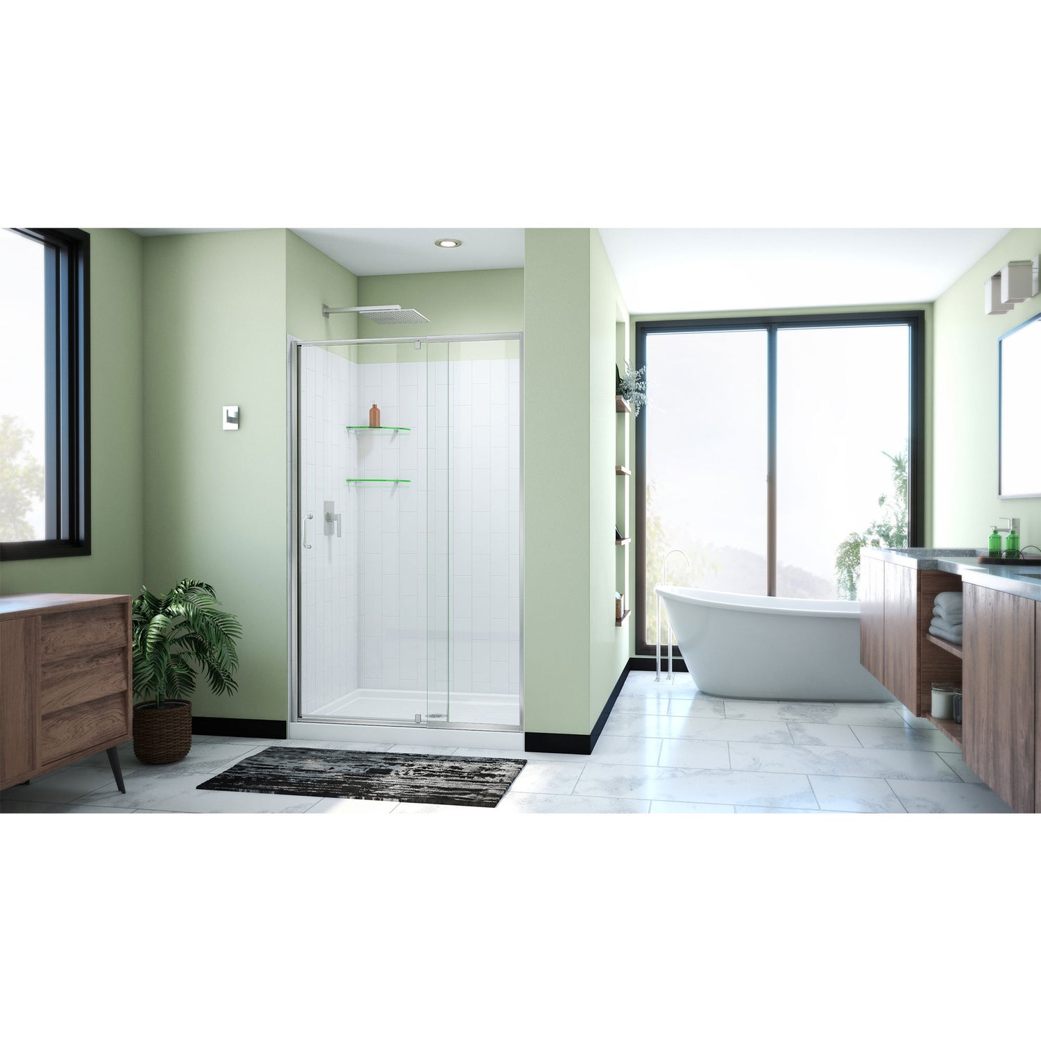 DreamLine Flex 36 in. D x 48 in. W x 78 3/4 in. H Pivot Shower Door, Base, and White Wall Kit in Brushed Nickel