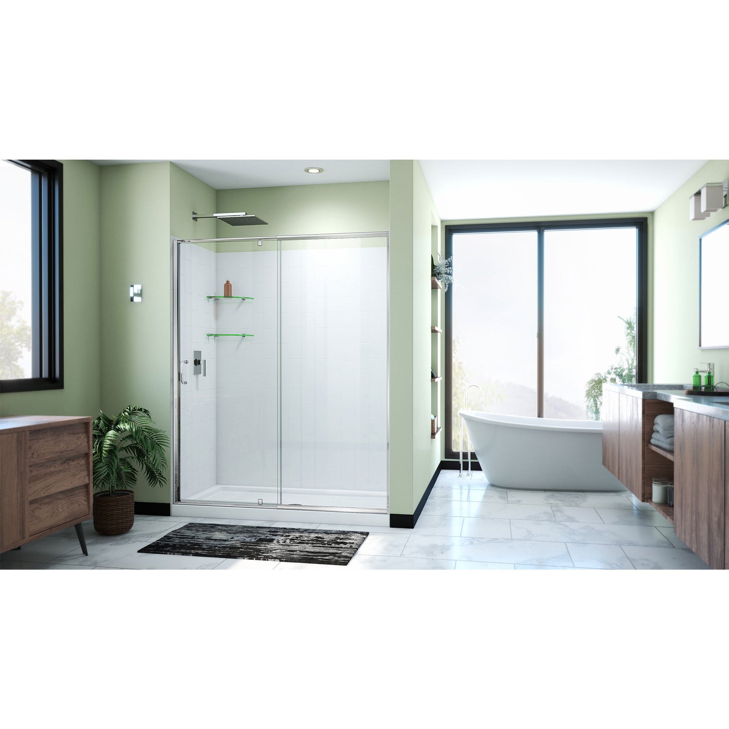 DreamLine Flex 32 in. D x 60 in. W x 78 3/4 in. H Pivot Shower Door, Base, and White Wall Kit in Chrome