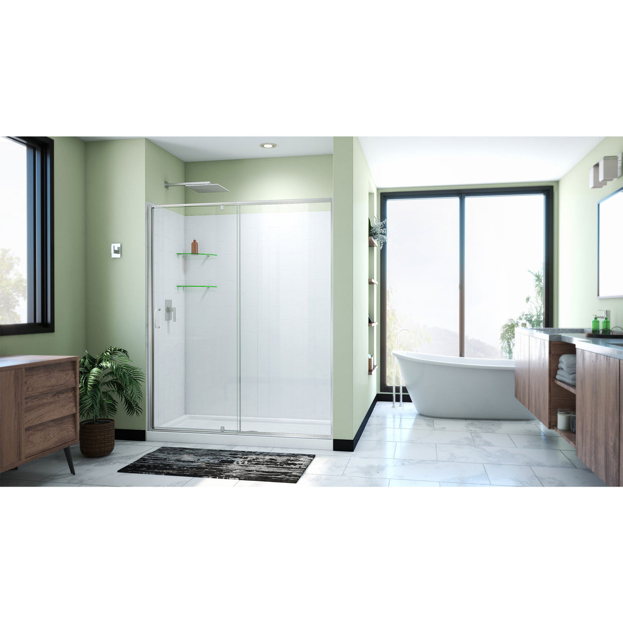 DreamLine Flex 36 in. D x 60 in. W x 78 3/4 in. H Pivot Shower Door, Base, and White Wall Kit in Brushed Nickel